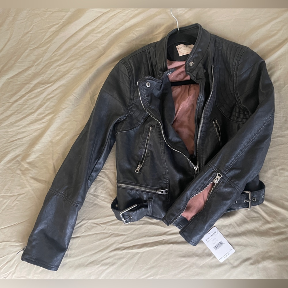 Free people vegan leather biker jacket worn one season, tons of compliments